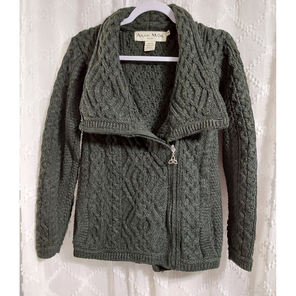 Aran Mor Ireland 100% Merino Wool Cable Knit Zip Cardigan Green Small Celtic